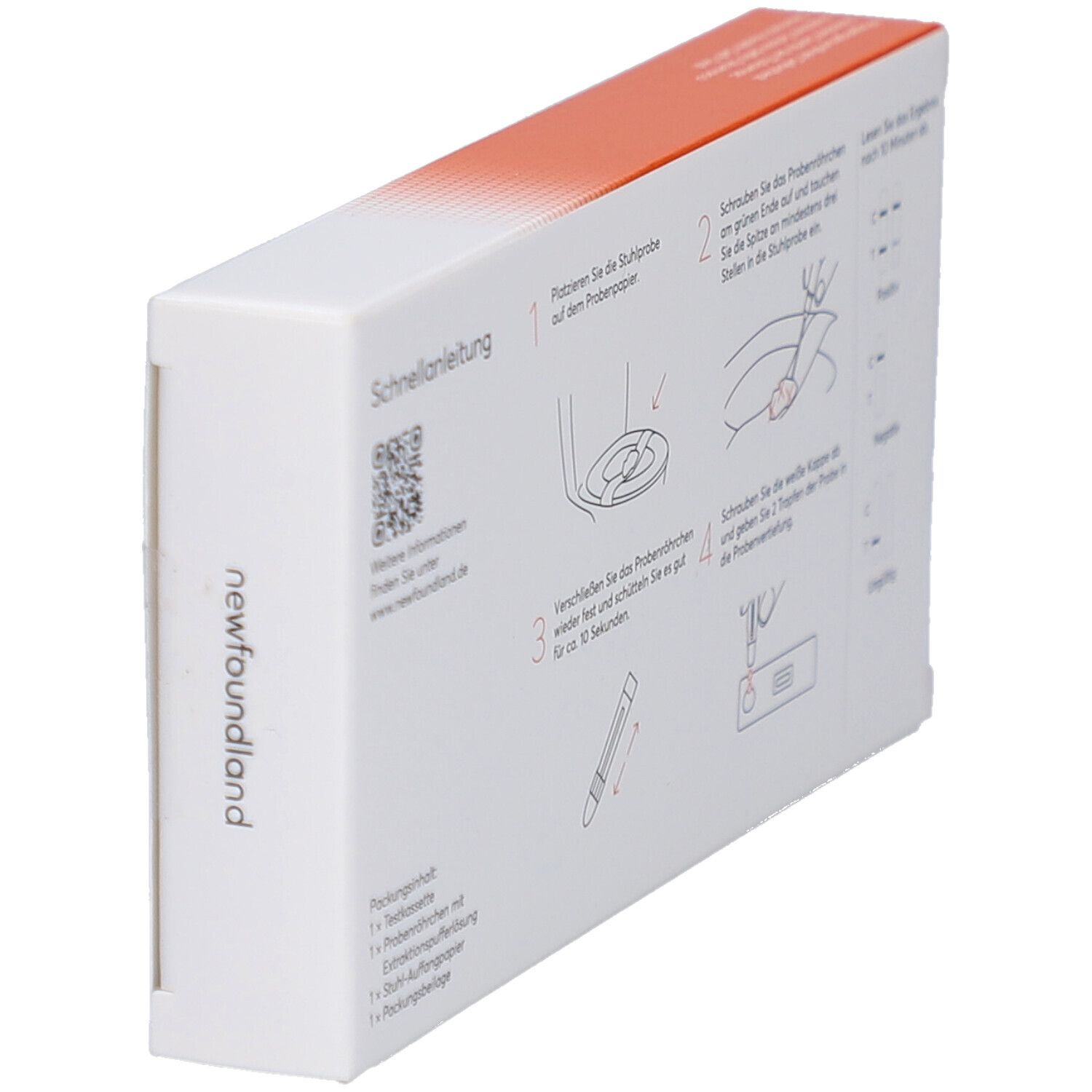 Rückansicht der Verpackung "Magengesundheit Selbsttest". Anleitung mit Illustrationen. Markennamen "newfoundland".