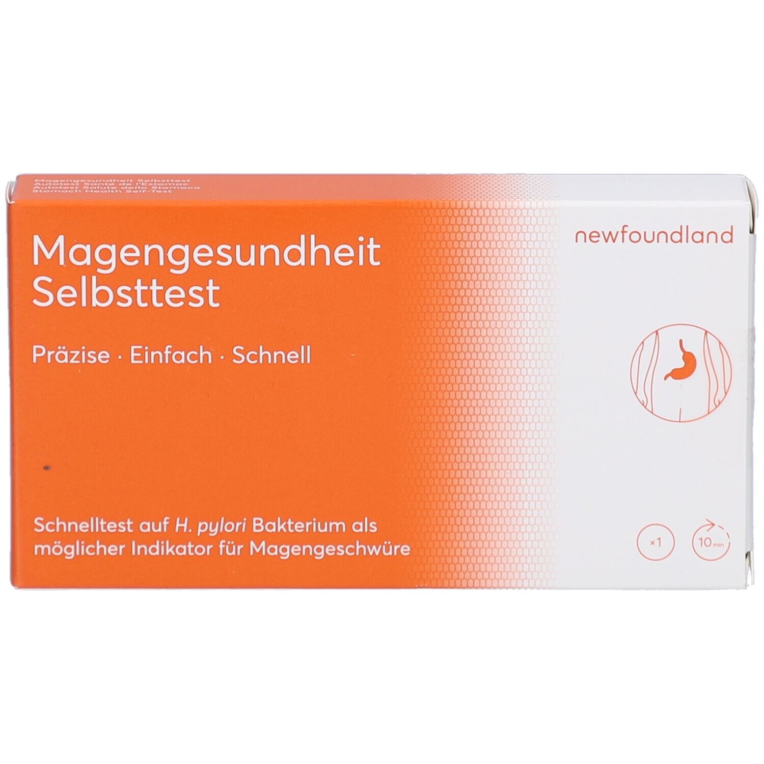 Verpackung "Magengesundheit Selbsttest". Orange-weiße Schachtel mit Produktlogo und Markennamen "newfoundland".