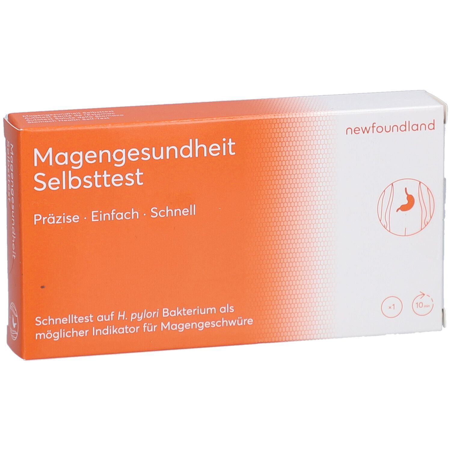 Verpackung "Magengesundheit Selbsttest". Orange-weiße Schachtel mit Logo und Markennamen "newfoundland".