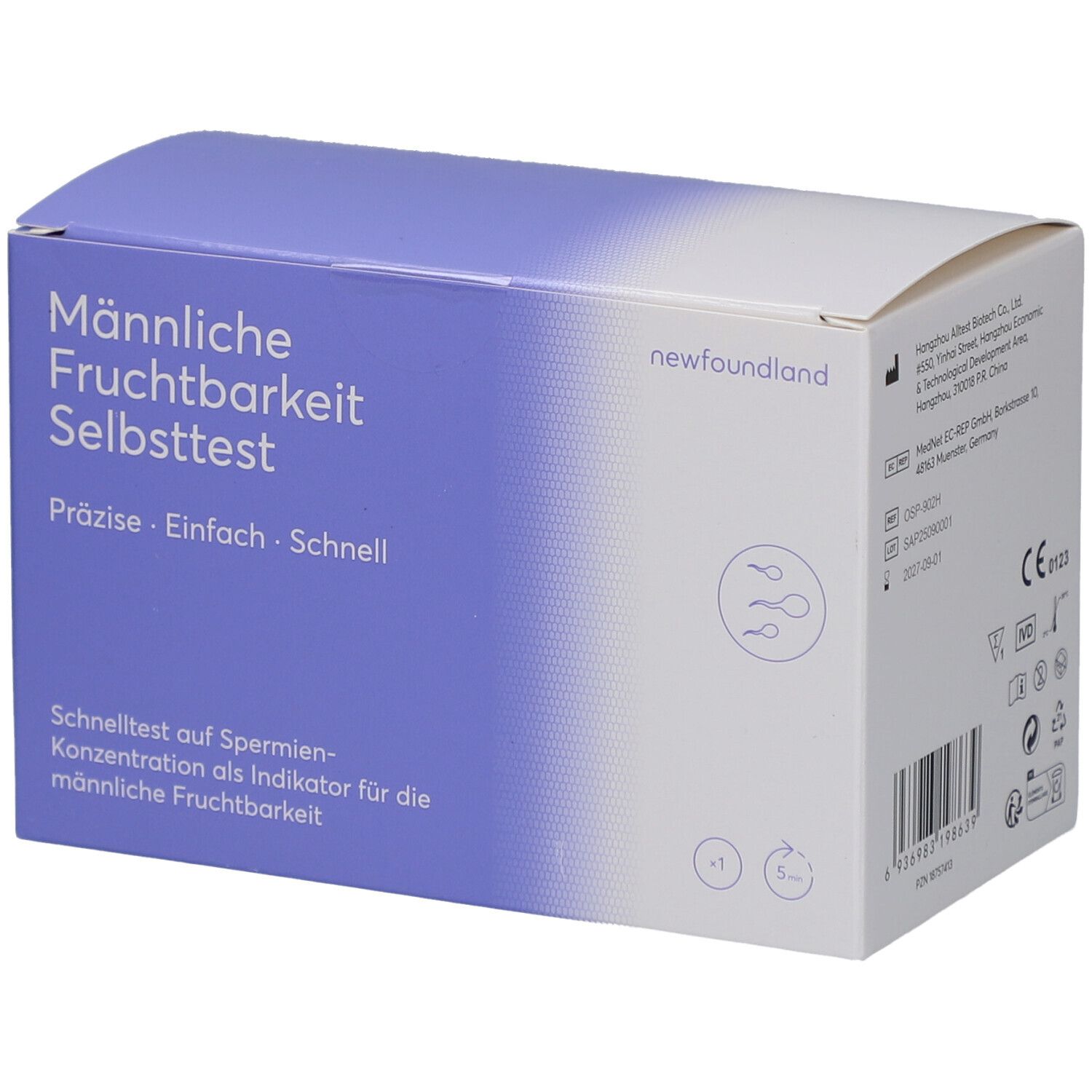 Schachtel mit Aufschrift 'Männliche Fruchtbarkeit Selbsttest'. Marke 'newfoundland'. Blaue und weiße Farbgebung. Enthält Piktogramme.