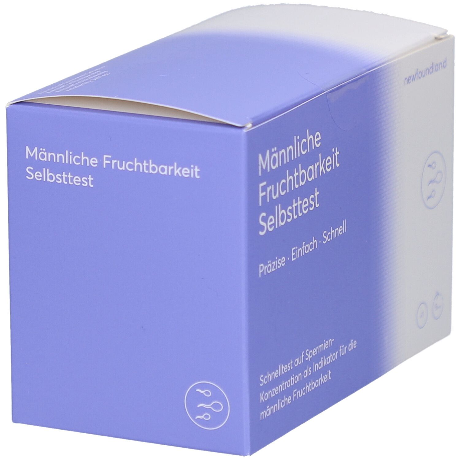 Schachtel 'Männliche Fruchtbarkeit Selbsttest'. Marke 'newfoundland'. Blaue und weiße Farbgebung. Text und Logo.