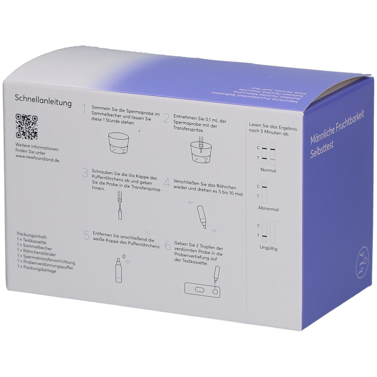 Rückseite der Schachtel 'Männliche Fruchtbarkeit Selbsttest'. Anleitung, Piktogramme und Text. Marke 'newfoundland'.