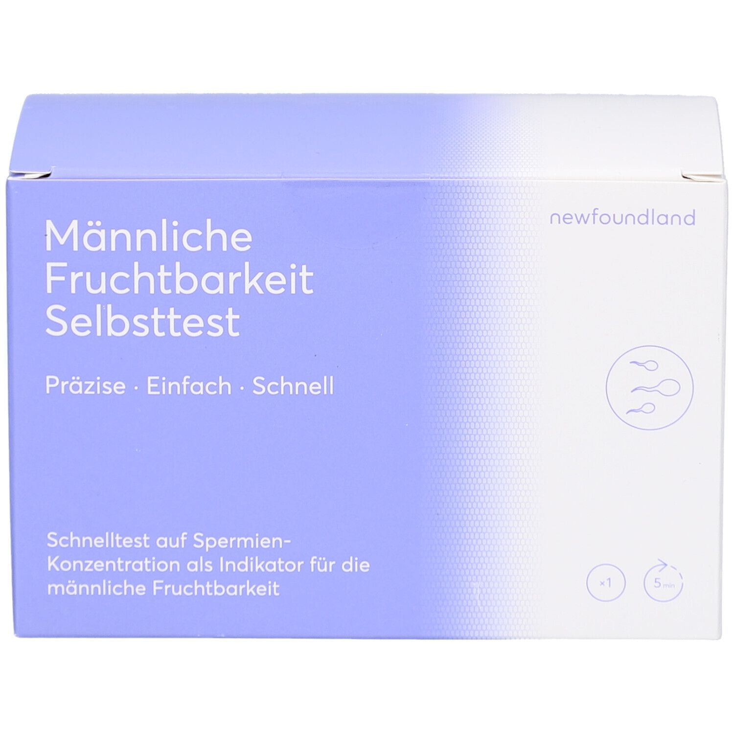 Vorderseite der Schachtel 'Männliche Fruchtbarkeit Selbsttest'. Marke 'newfoundland'. Text und Logo. Blaue und weiße Farbgebung.