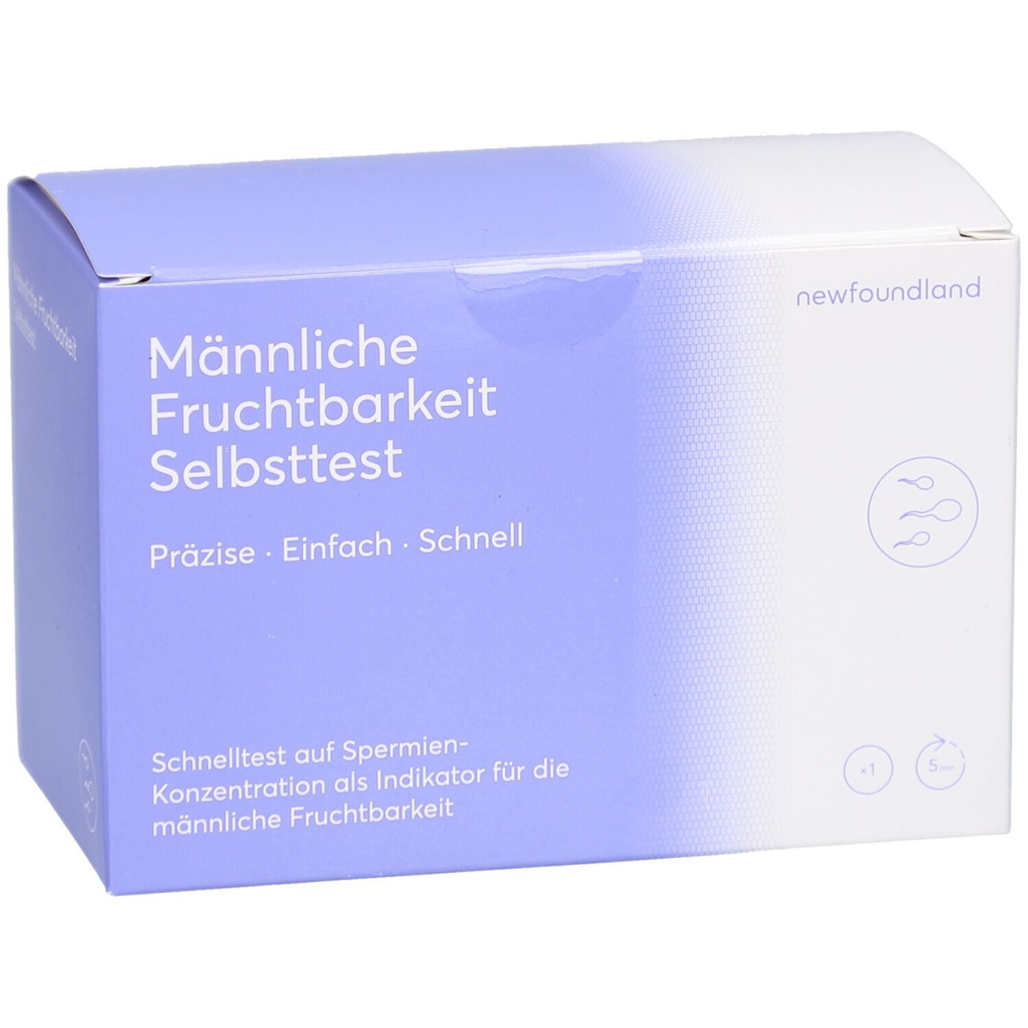 Schachtel 'Männliche Fruchtbarkeit Selbsttest'. Marke 'newfoundland'. Text und Logo. Blaue und weiße Farbgebung. Piktogramme.