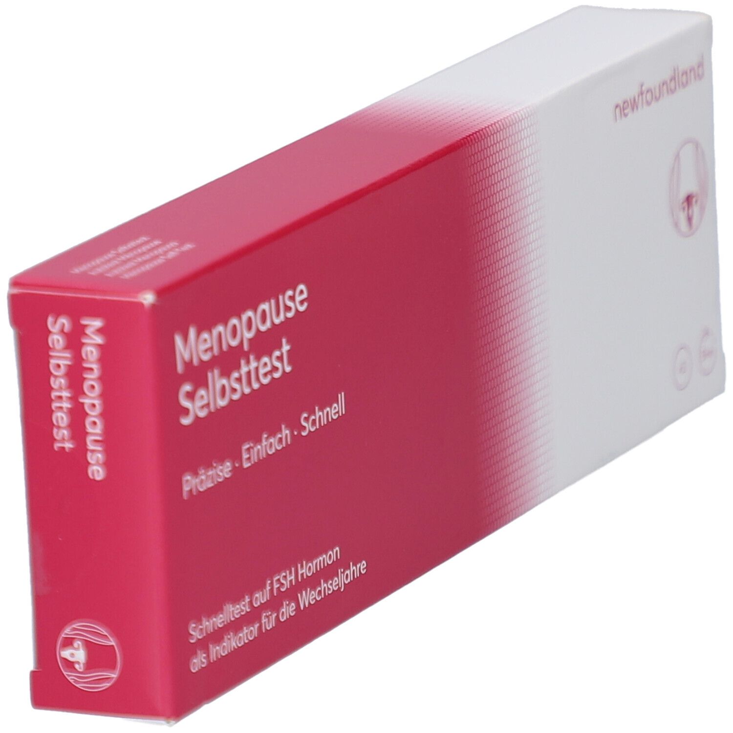Schachtel Menopause Selbsttest, Marke newfoundland. Rosa-weiße Farbgebung. Text in Deutsch. Präzise, einfach, schnell.