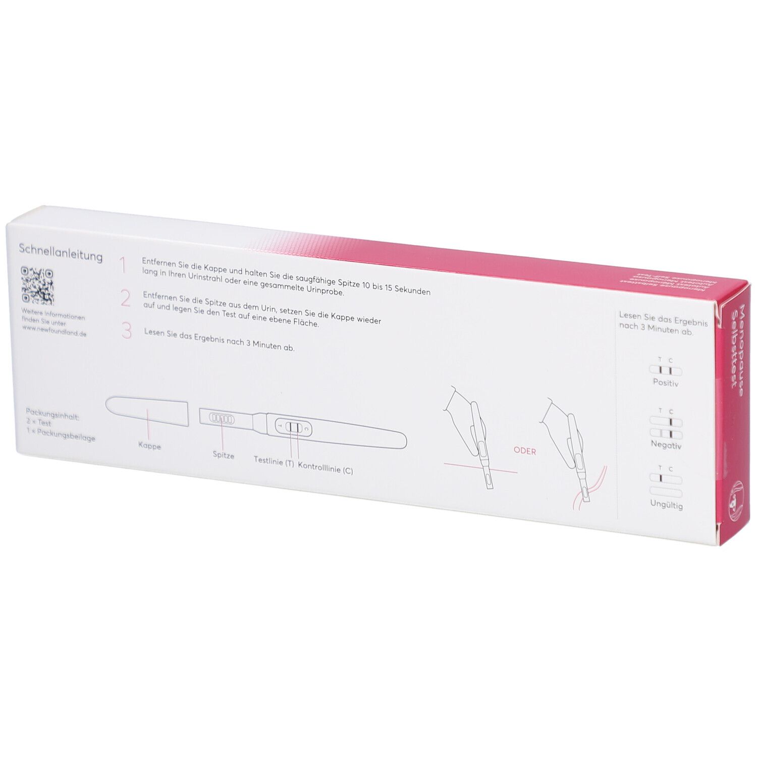 Rückseite der Schachtel mit Anweisungen. Teststreifen-Abbildung. Text in Deutsch. Marke newfoundland.