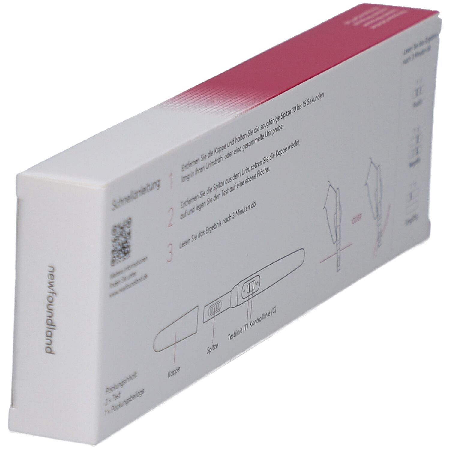 Rückseite der Schachtel mit Anweisungen. Teststreifen-Abbildung. Text in Deutsch. Marke newfoundland.