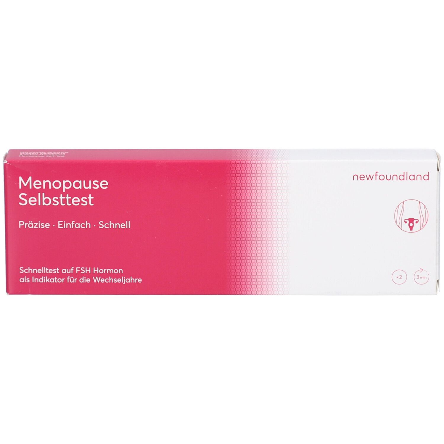 Schachtel mit Aufschrift Menopause Selbsttest. Marke newfoundland. Rosa-weiße Farbgebung. Präzise, einfach, schnell.