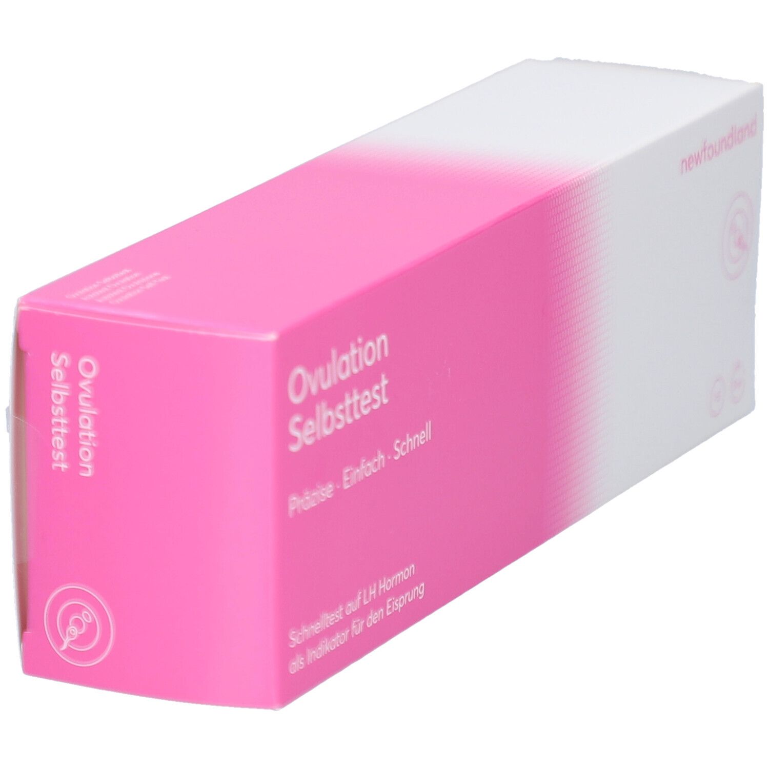 Schachtel, weiß-rosa. Aufschrift: Ovulation Selbsttest, Präzise - Einfach - Schnell. Marke: newfoundland. Schrägansicht.