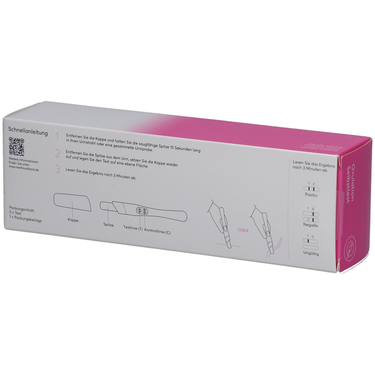 Schachtel mit Anleitung. Aufschrift: Schnellanleitung. Illustrationen: Teststreifen, Kappe, Test. Rückseite rosa.