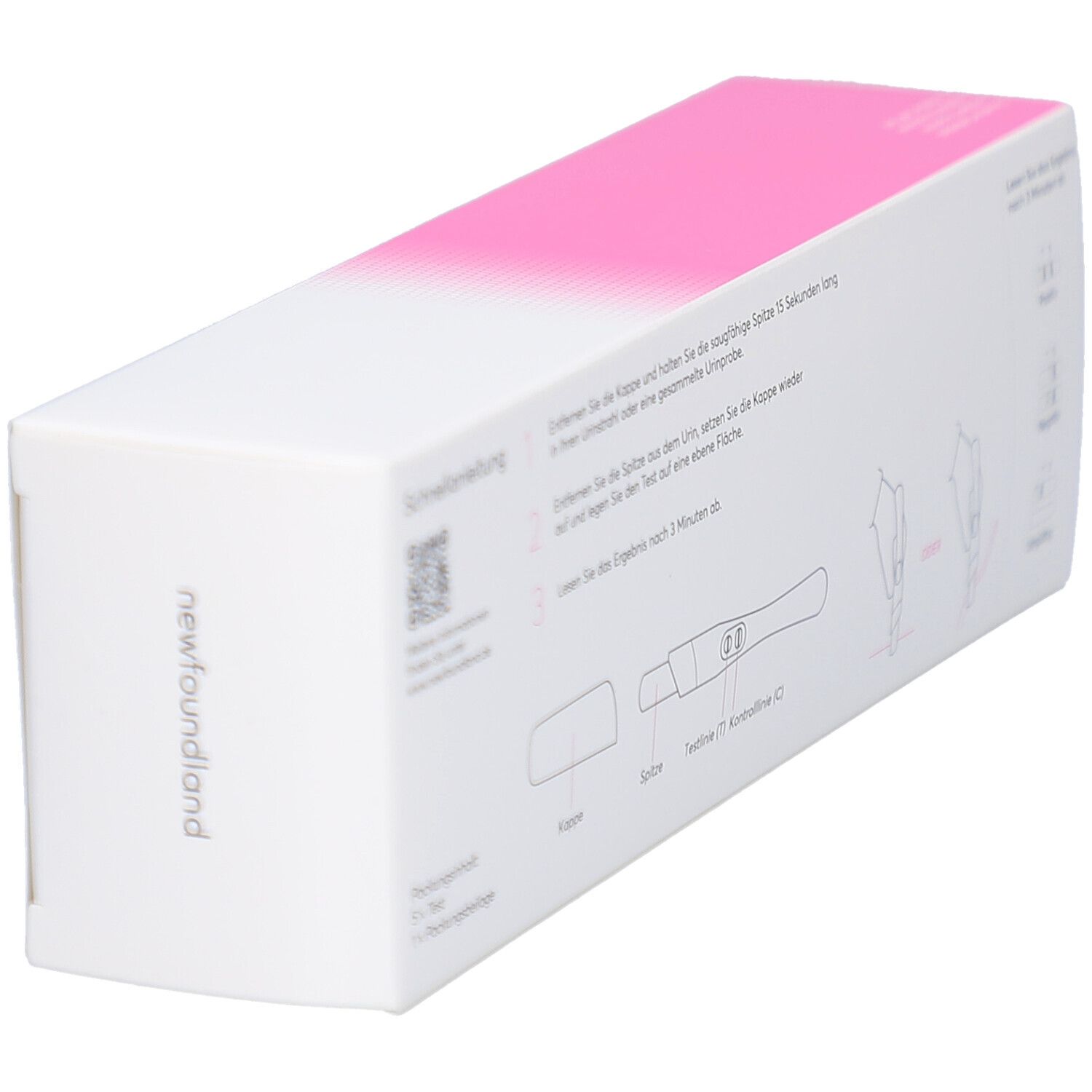 Schachtel, Rückseite. Aufschrift: Schnellanleitung. Illustrationen: Teststreifen, Kappe, Test. Marke: newfoundland.