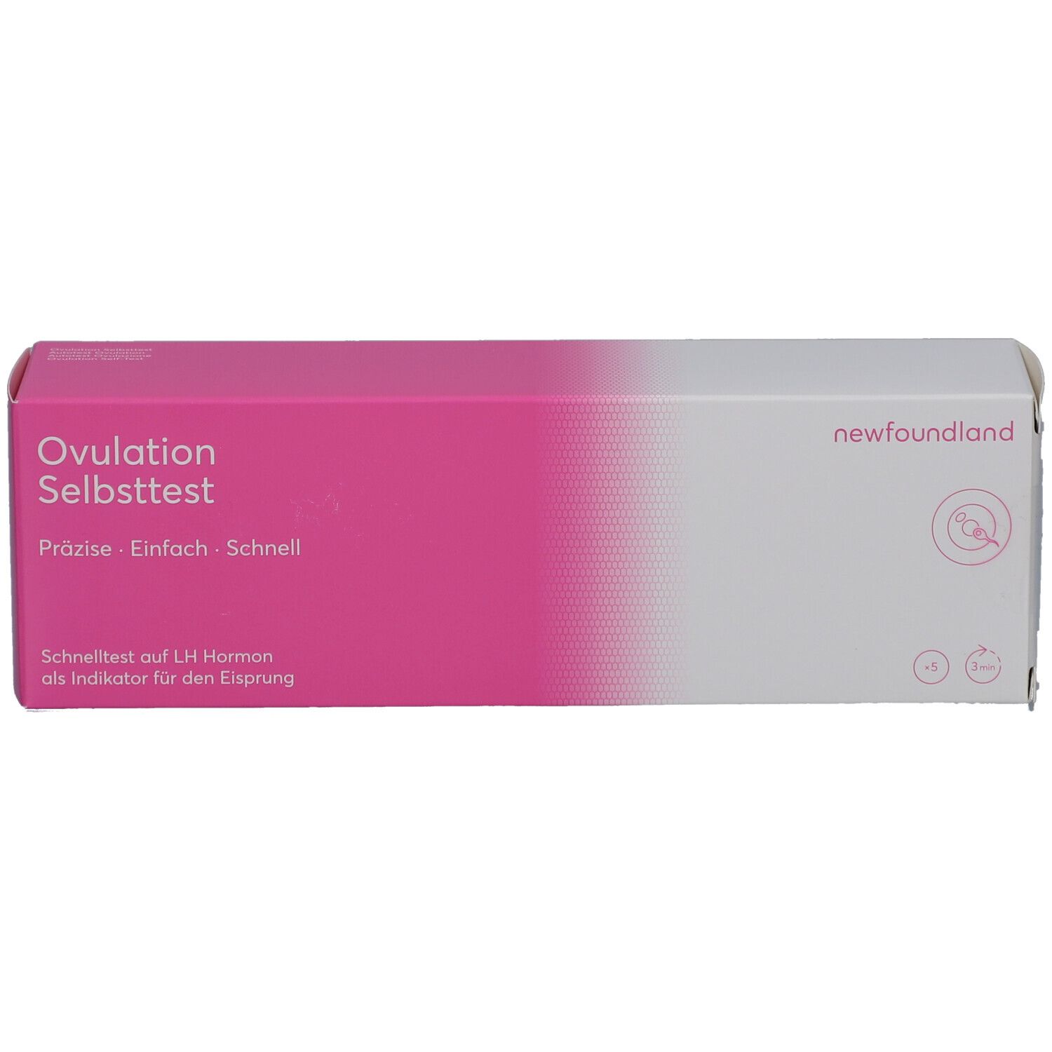 Weiß-rosa Schachtel. Aufschrift: Ovulation Selbsttest, Präzise - Einfach - Schnell. Marke: newfoundland. Draufsicht.