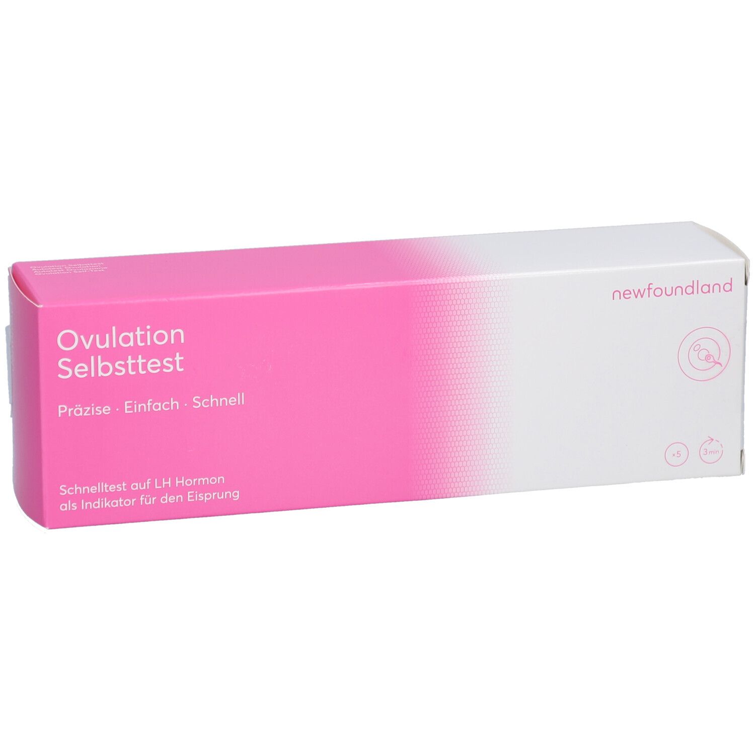 Weiß-rosa Schachtel. Aufschrift: Ovulation Selbsttest, Präzise - Einfach - Schnell. Marke: newfoundland. Draufsicht.