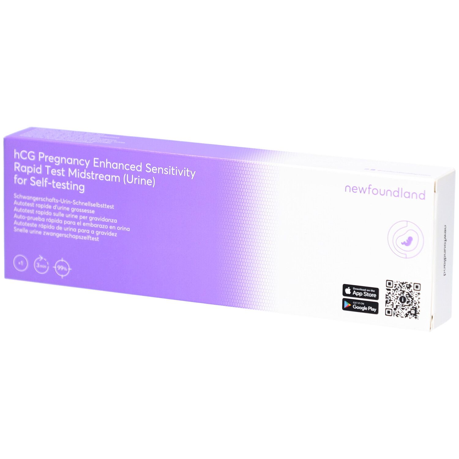 Verpackung mit Aufschrift hCG Schwangerschafts-Urin-Schnelltest. Marke newfoundland. Lila und weiße Schachtel mit QR-Code.