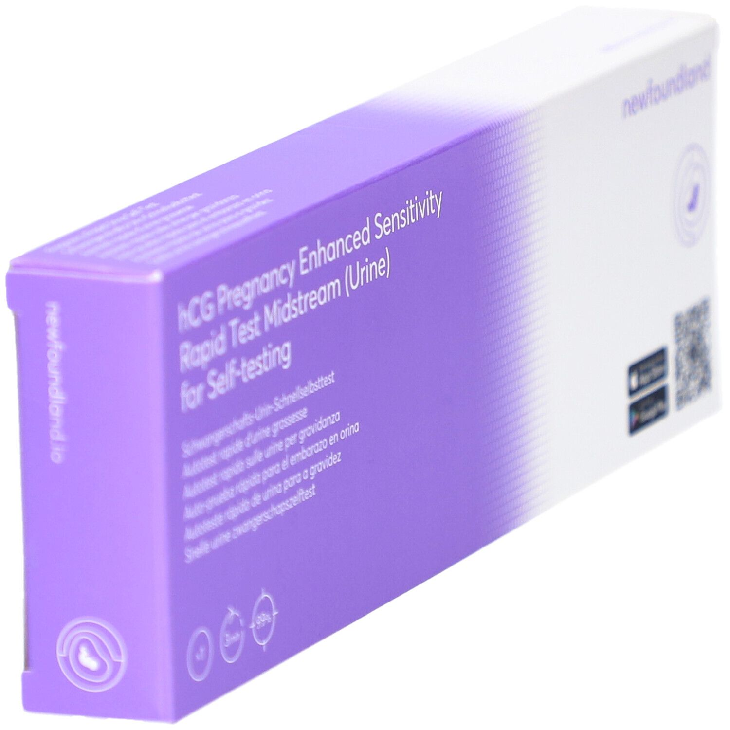 Schachtel mit hCG Schwangerschafts-Urin-Schnelltest. Marke newfoundland. Lila und weiße Verpackung, diagonale Ansicht.