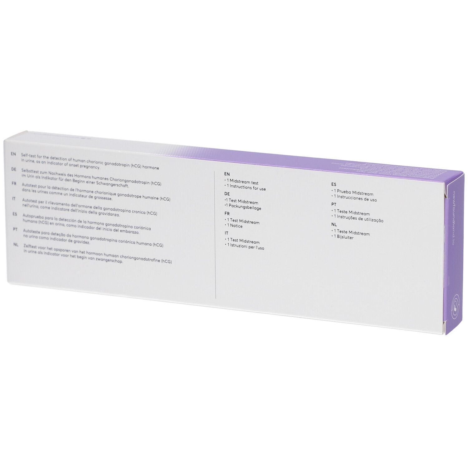 Rückseite der Verpackung mit Text. Enthält Informationen in mehreren Sprachen, einschließlich Deutsch und Englisch.