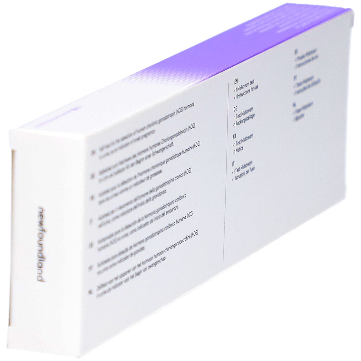 Schachtel mit Text. Enthält Informationen in mehreren Sprachen, einschließlich Deutsch und Englisch. Diagonale Ansicht.