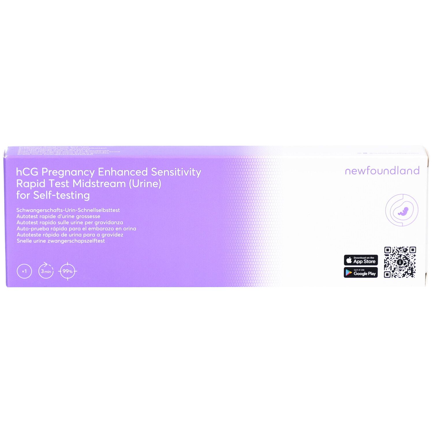 Verpackung mit Aufschrift hCG Schwangerschafts-Urin-Schnelltest. Marke newfoundland. Lila und weiße Schachtel.