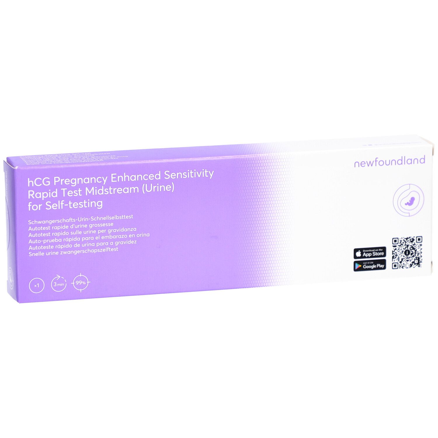 Verpackung mit Aufschrift hCG Schwangerschafts-Urin-Schnelltest. Marke newfoundland. Lila und weiße Schachtel.