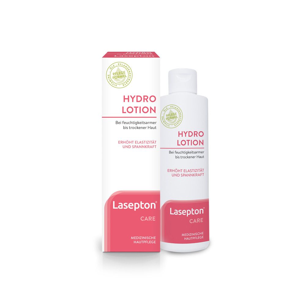 Lasepton® Hydro Lotion Flasche und Verpackung. Weiß, rot und grün. Text: Hydro Lotion, erhöht Elastizität und Spannkraft.
