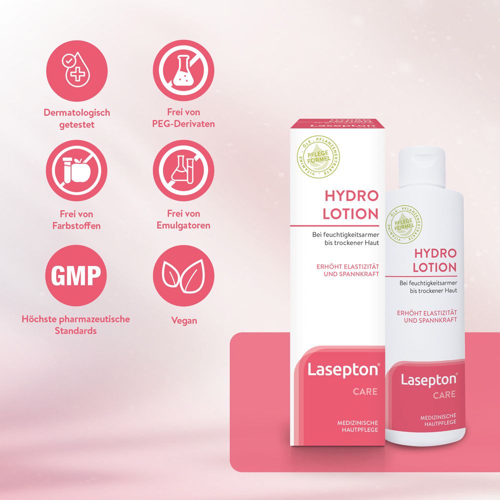 Produkt mit Logos und Symbolen. Text: Dermatologisch getestet, frei von PEG-Derivaten, vegan, GMP.