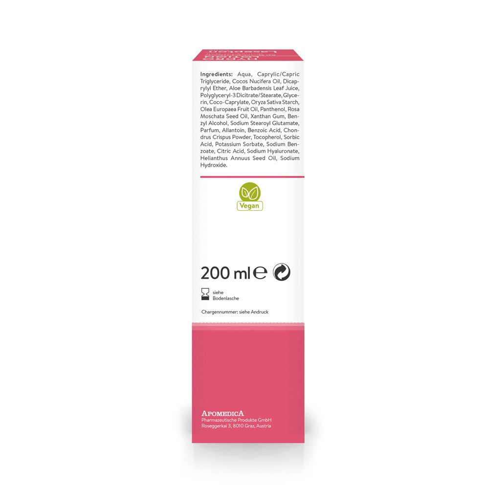 Rückseite der Verpackung. Text: Inhaltsstoffe, 200 ml, vegan. Apomedica Logo.