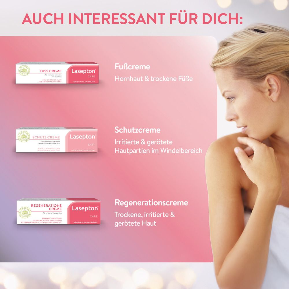 Vergleich von Lasepton Pflegeprodukten: Fußcreme, Schutzcreme, Regenerationscreme.