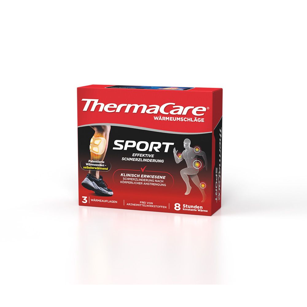 ThermaCare Sport Wärmeumschläge-Packung. Rote Verpackung mit Produktabbildung und Text. 3 Wärmeauflagen, 8 Stunden Wärme.