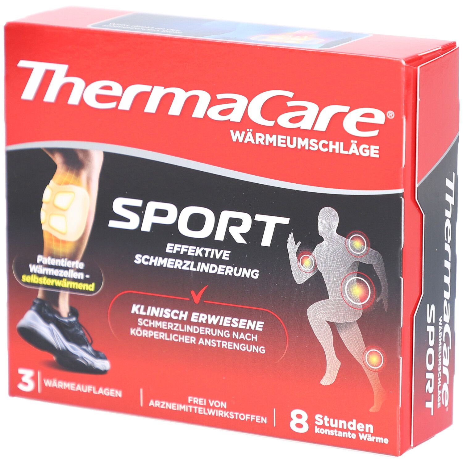 Rote Schachtel mit THERMACARE SPORT. Zeigt ein Bein mit Wärmeauflage und eine Person mit hervorgehobenen Schmerzpunkten.