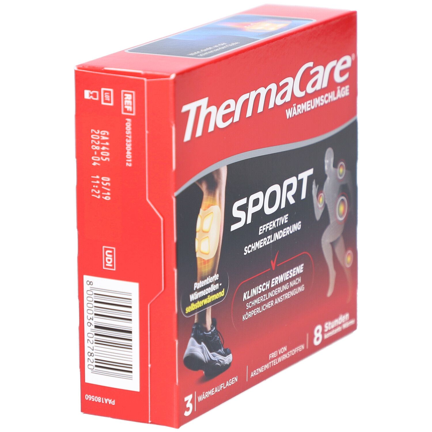 Rote THERMACARE SPORT Schachtel, Seitenansicht. Enthält Informationen über das Produkt und die Inhaltsstoffe.