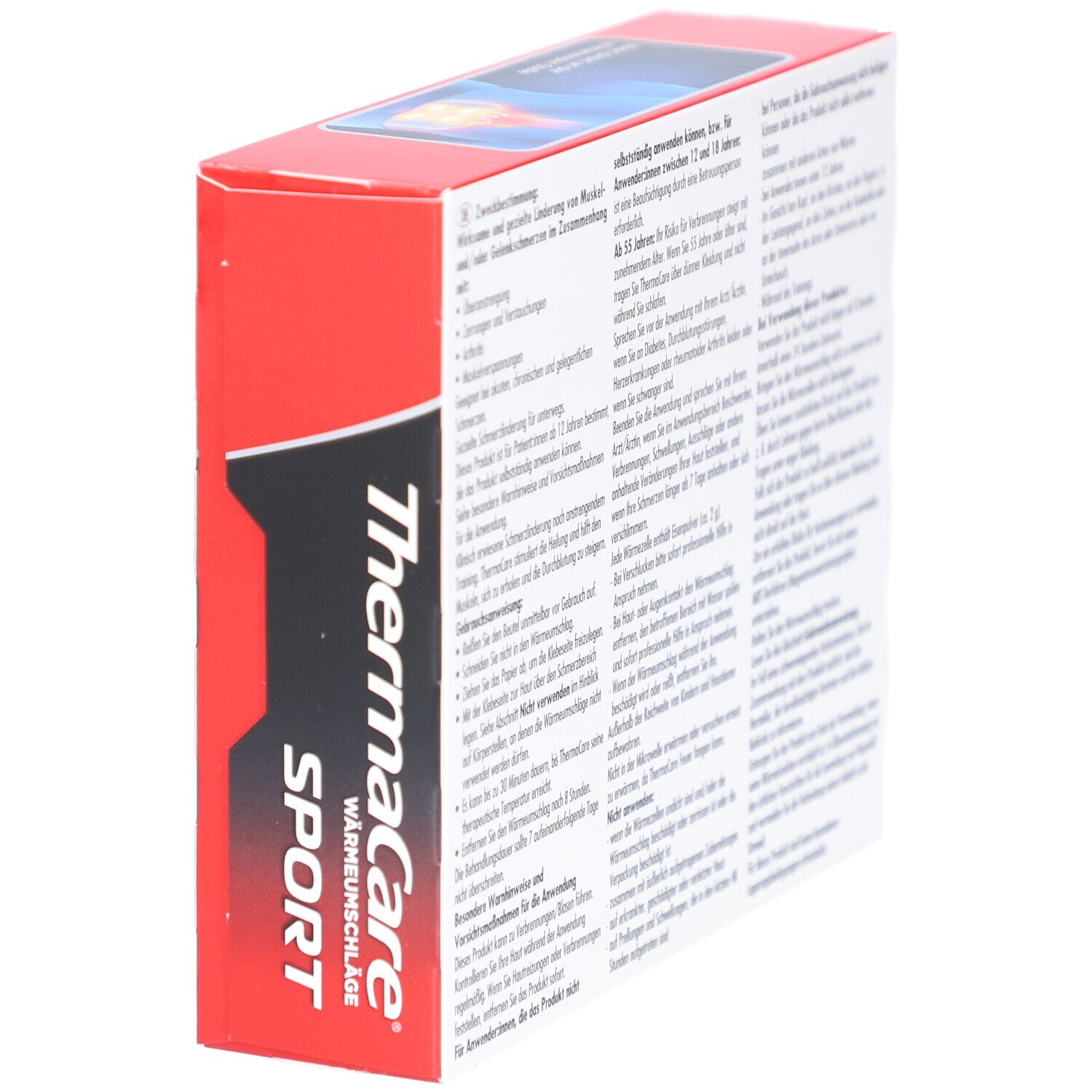 Rote THERMACARE SPORT Schachtel, schräge Ansicht. Rückseite mit Text. Enthält Informationen zur Anwendung und Warnhinweise.