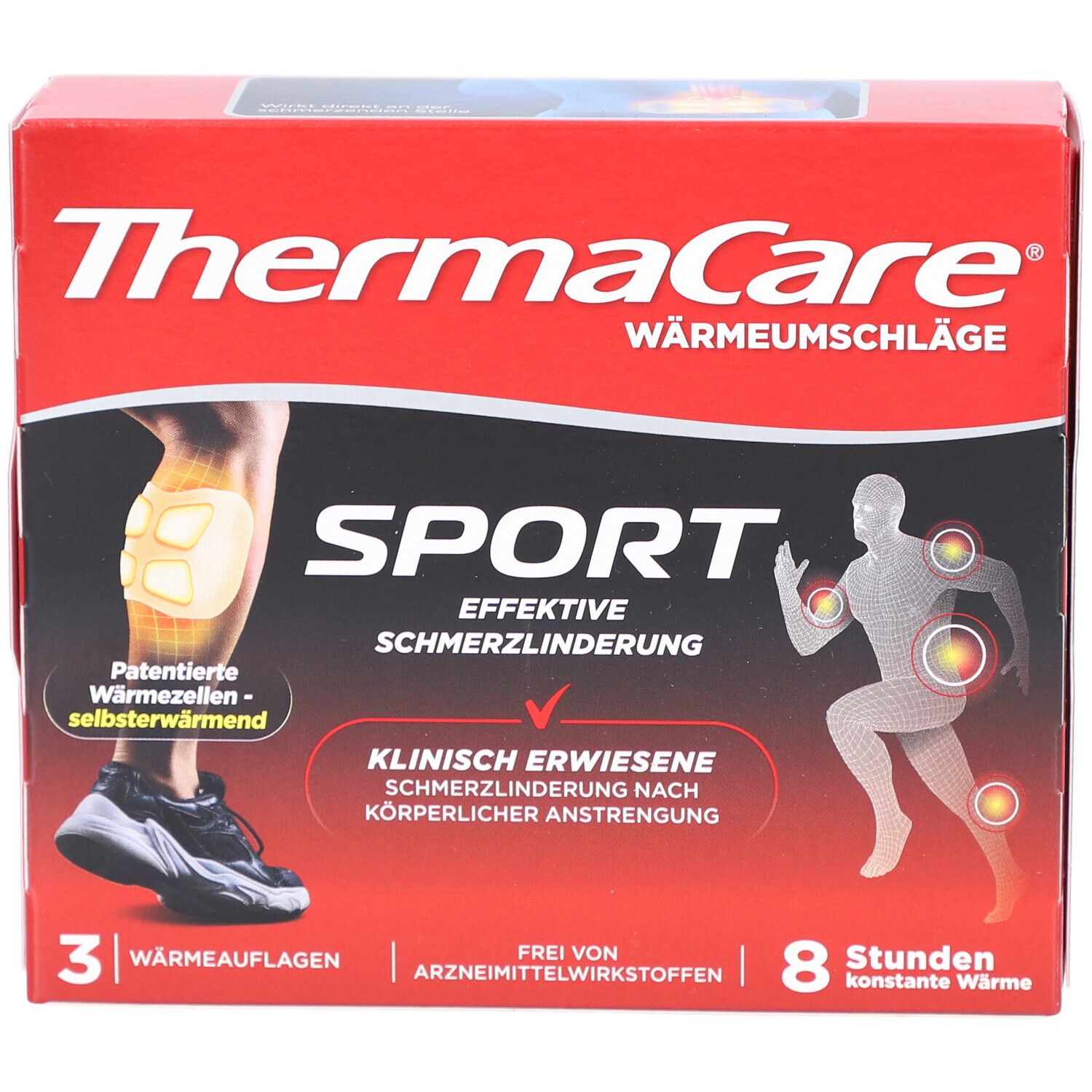 Rote Schachtel THERMACARE SPORT. Zeigt ein Bein mit Wärmeauflage und eine Person mit hervorgehobenen Schmerzpunkten.