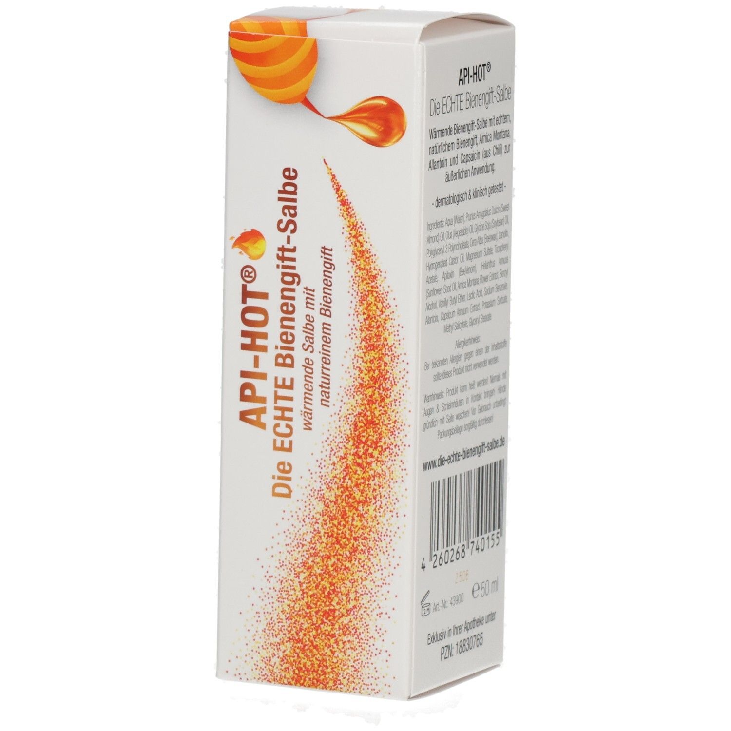 API-HOT® Die ECHTE Bienengift-Salbe Packung mit Bienenmotiv und orangenem Sprühnebel.