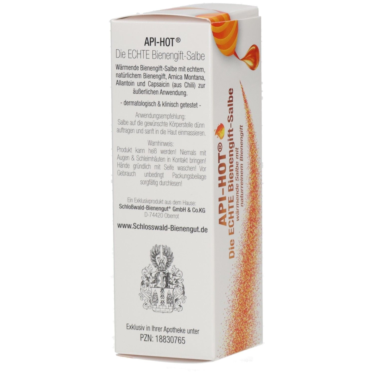 API-HOT® Die ECHTE Bienengift-Salbe Rückseite der Packung mit Anwendungshinweisen und Inhaltsstoffen.