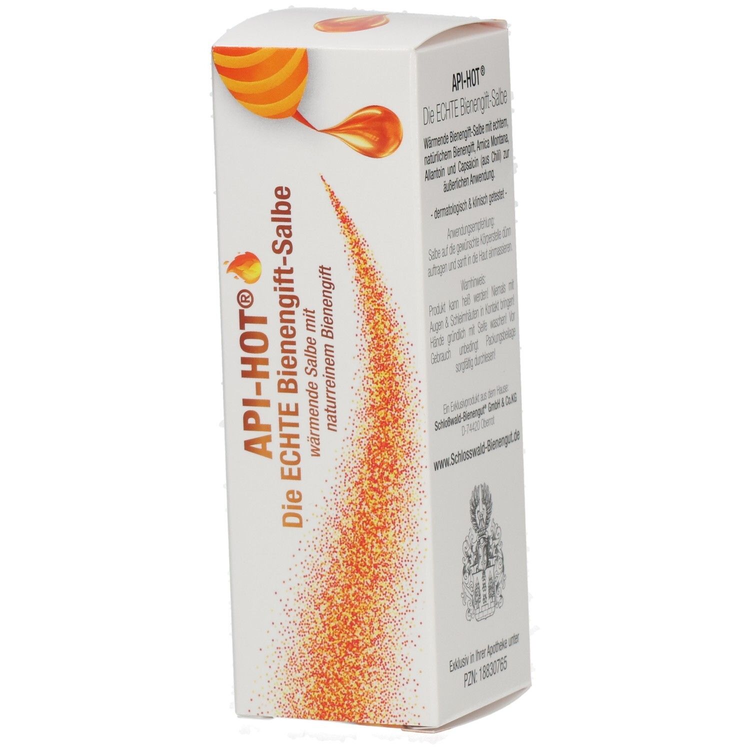 API-HOT® Die ECHTE Bienengift-Salbe Vorderseite der Packung mit Bienenmotiv und orangenem Sprühnebel.