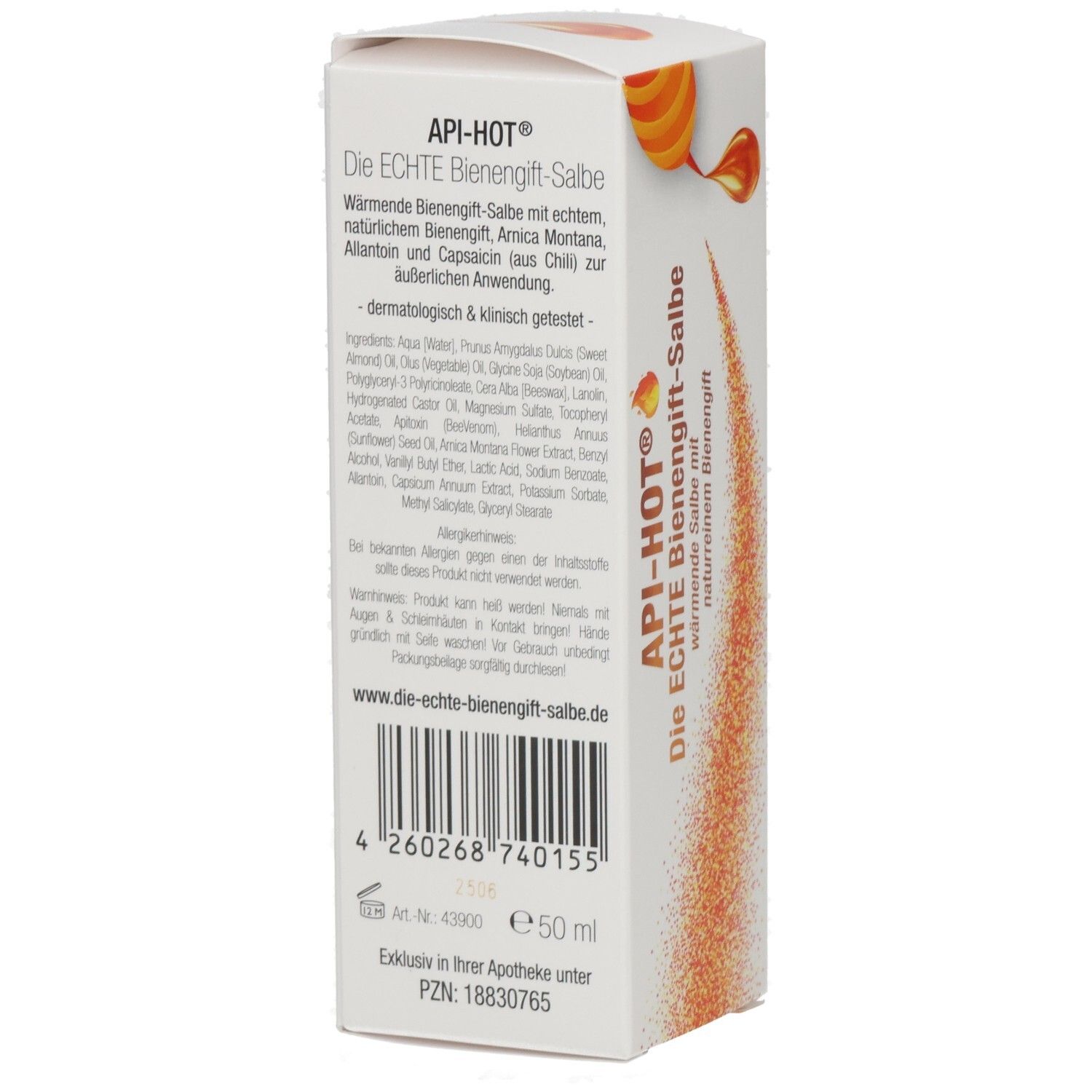 API-HOT® Die ECHTE Bienengift-Salbe Seitenansicht der Packung mit Barcode und Mengenangabe 50 ml.