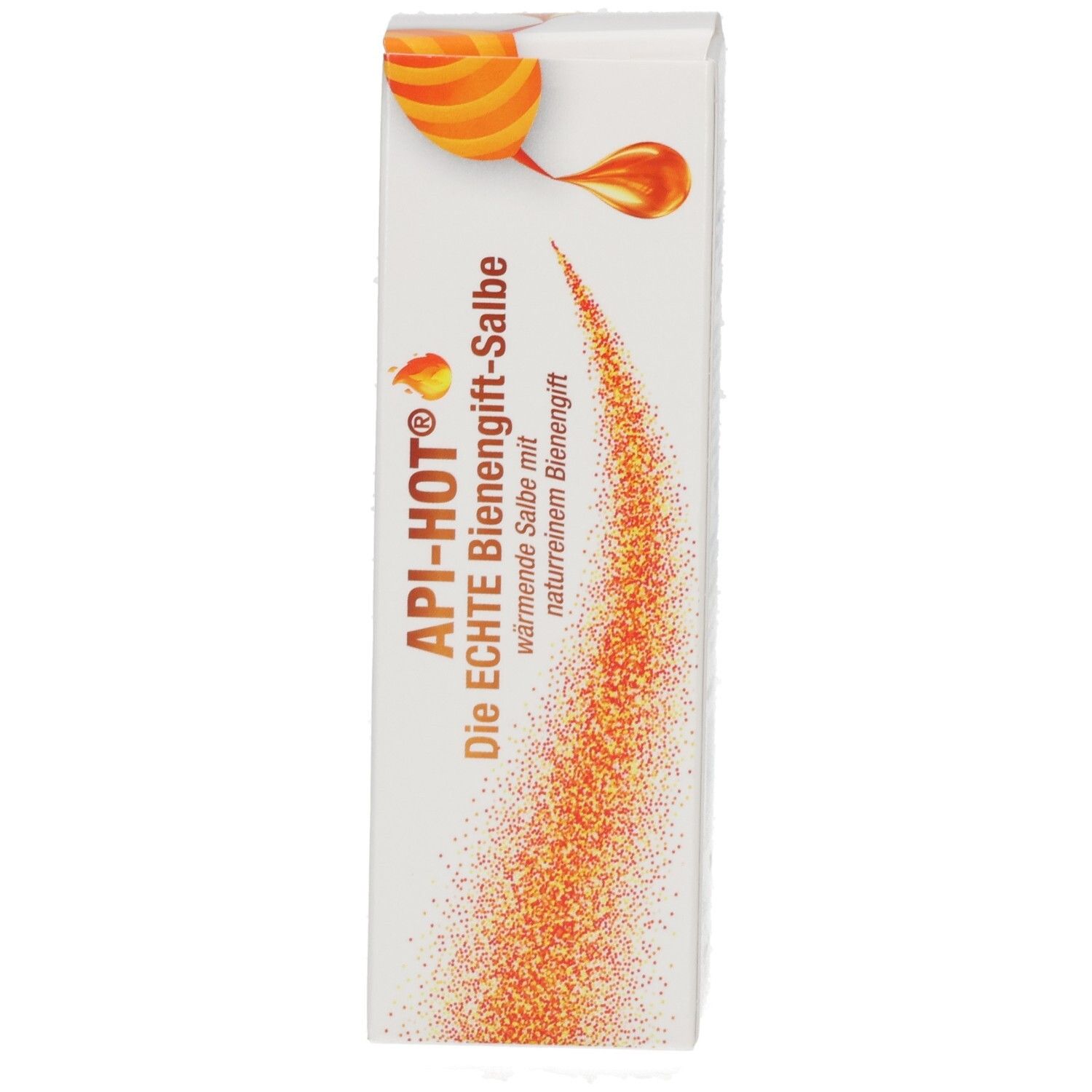 API-HOT® Die ECHTE Bienengift-Salbe Packung mit Bienenmotiv und orangenem Sprühnebel, Seitenansicht.