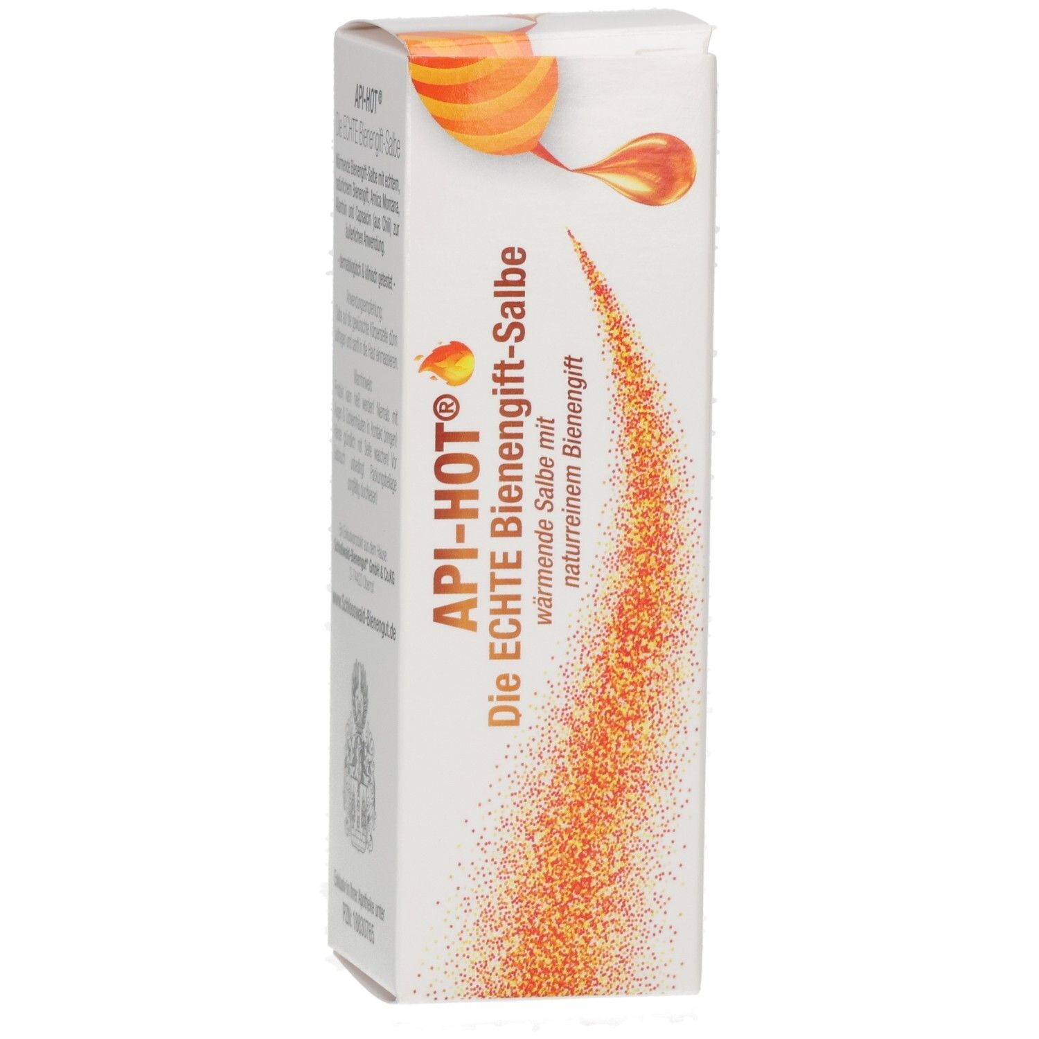 API-HOT® Die ECHTE Bienengift-Salbe Packung mit Bienenmotiv und orangenem Sprühnebel, Rückseite.