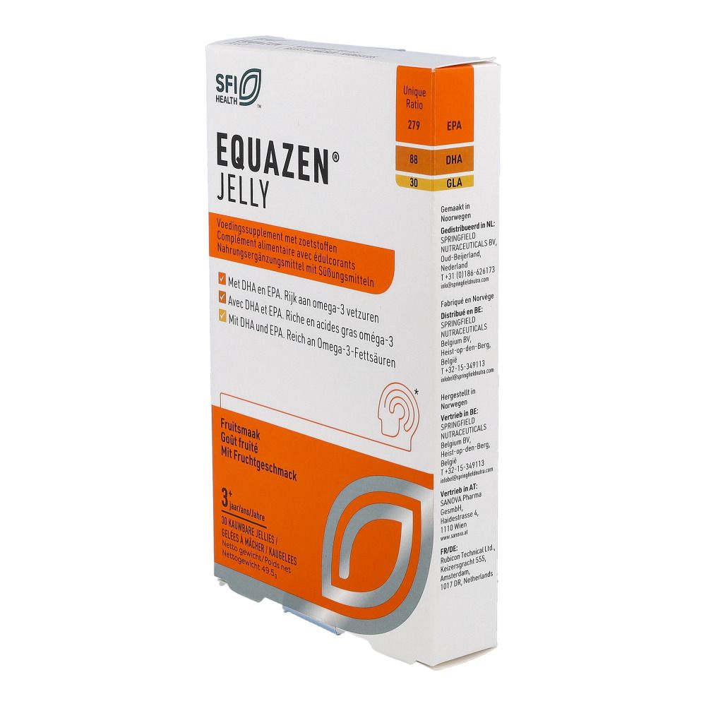 Weiße Schachtel "EQUAZEN JELLY". 30 Gelees. Orangefarbene Akzente. SFI Health Logo. Seitenansicht.