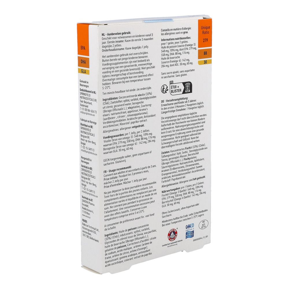 Rückseite der Schachtel. Text und Informationen. Orangefarbene Akzente. Enthält EPA, DHA, GLA.