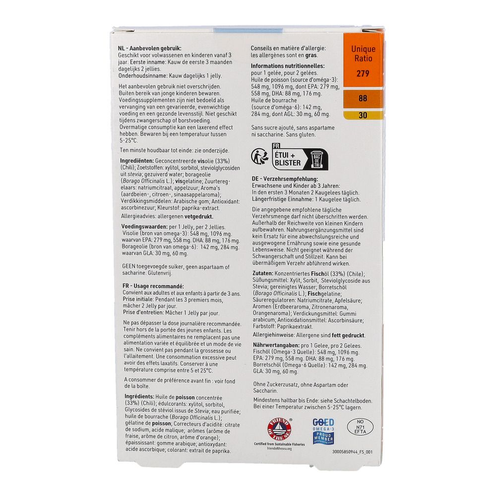 Rückseite der Schachtel. Text und Informationen. Orangefarbene Akzente. Enthält EPA, DHA, GLA.