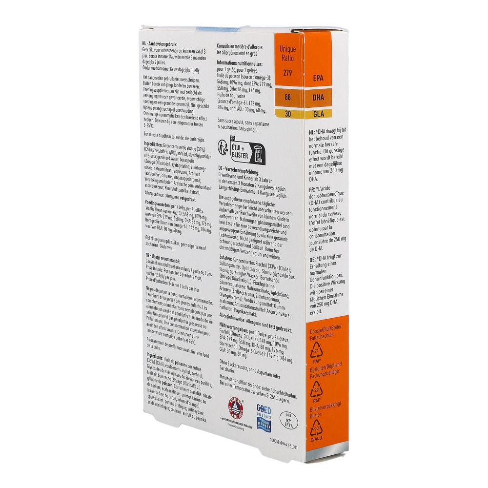Rückseite der Schachtel. Text und Informationen. Orangefarbene Akzente. Enthält EPA, DHA, GLA.