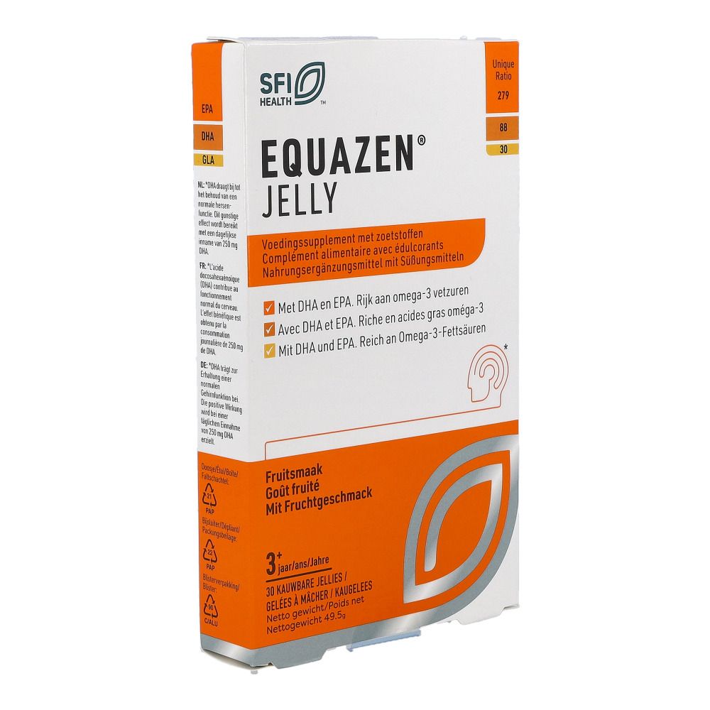 Weiße Schachtel mit "EQUAZEN JELLY"-Logo. Enthält 30 Gelees. Orangefarbene Akzente. SFI Health Logo.