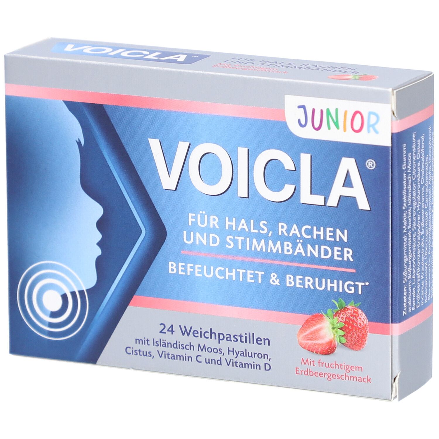 Schachtel mit Voicla Junior Erdbeer-Weichpastillen. 24 Pastillen. Aufdruck: Für Hals, Rachen und Stimmbänder. Mit Erdbeergeschmack.