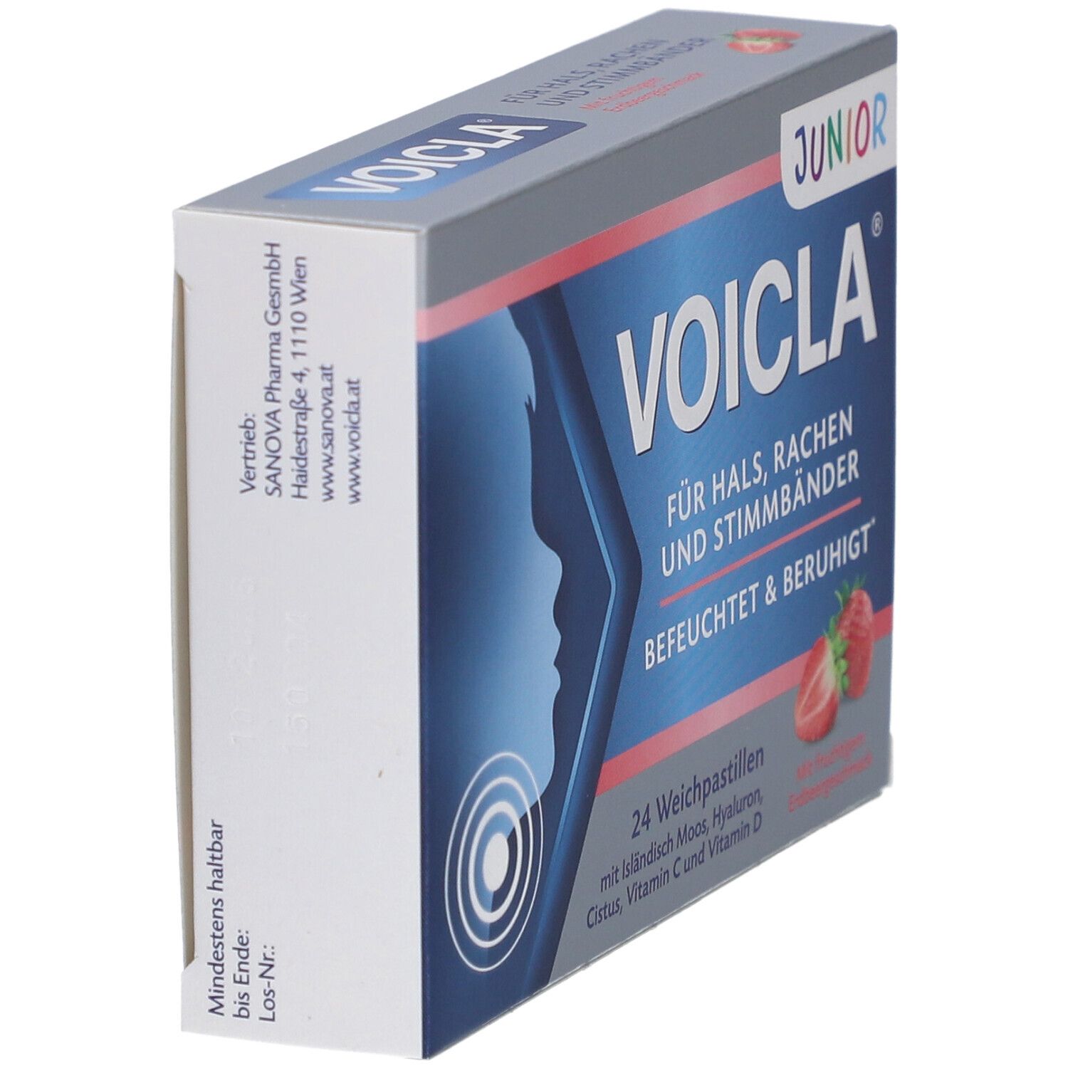 Schachtel Voicla Junior Weichpastillen. Seitenansicht. Aufdruck: Für Hals, Rachen und Stimmbänder. 24 Pastillen. Mit Erdbeergeschmack.