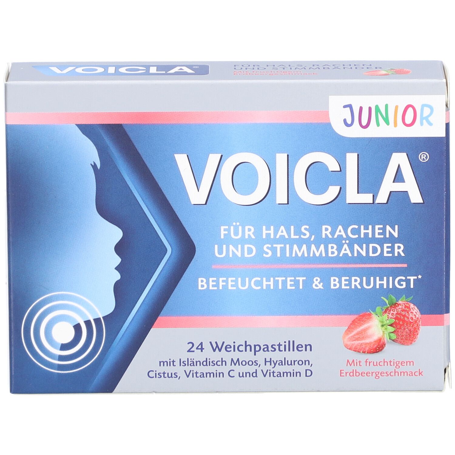 Voicla Junior Weichpastillen-Schachtel. Aufdruck: Für Hals, Rachen und Stimmbänder. 24 Pastillen. Mit Erdbeergeschmack.