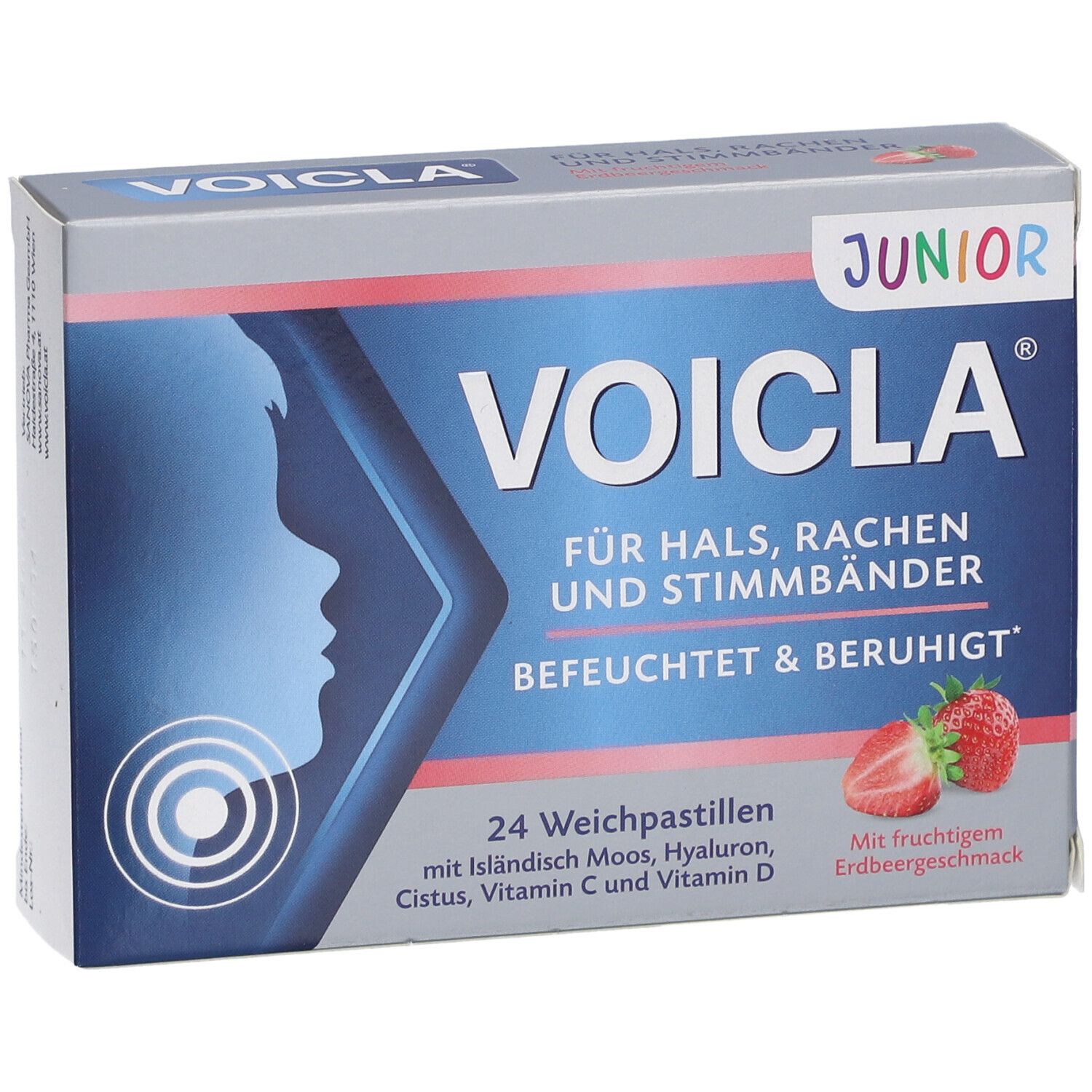 Voicla Junior Weichpastillen-Schachtel. Aufdruck: Für Hals, Rachen und Stimmbänder. 24 Pastillen. Mit Erdbeergeschmack. Kreise.