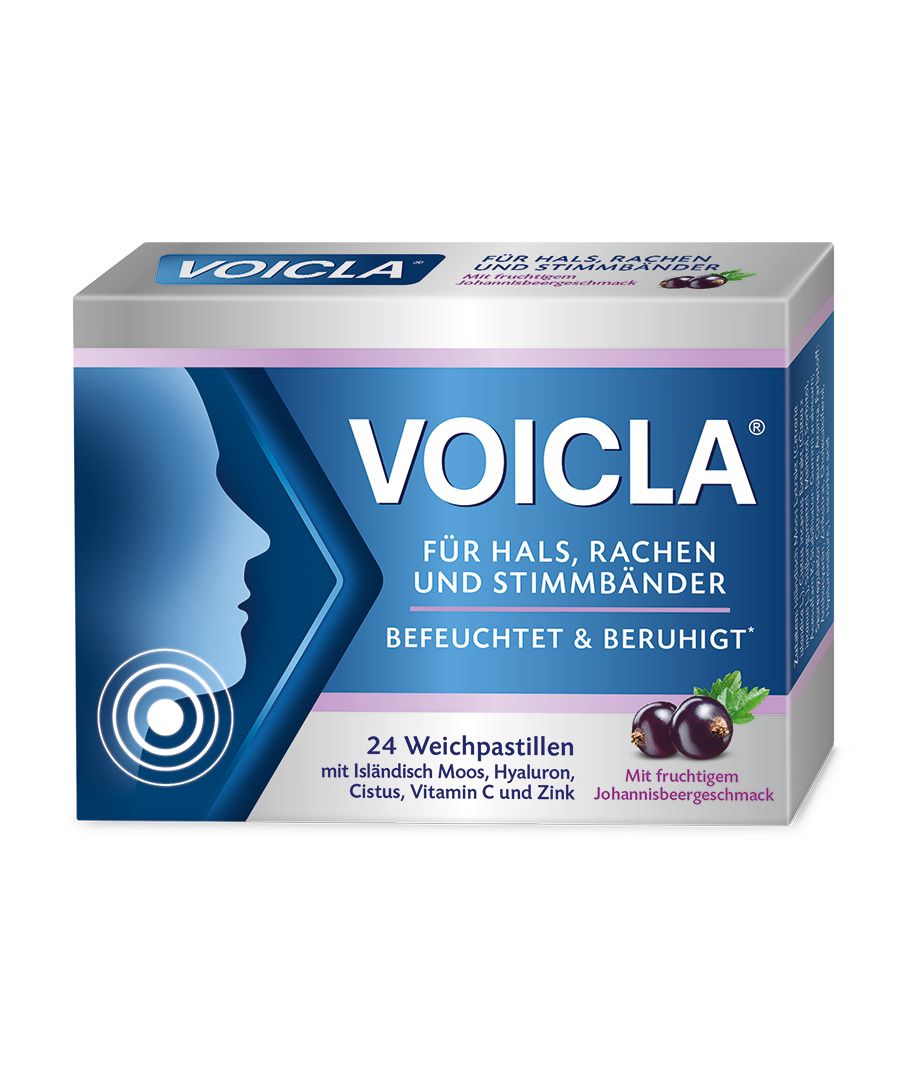 Schachtel Voicla Weichpastillen. Blaue und weiße Verpackung mit Produktnamen, Illustration und Johannisbeeren. 24 Pastillen.