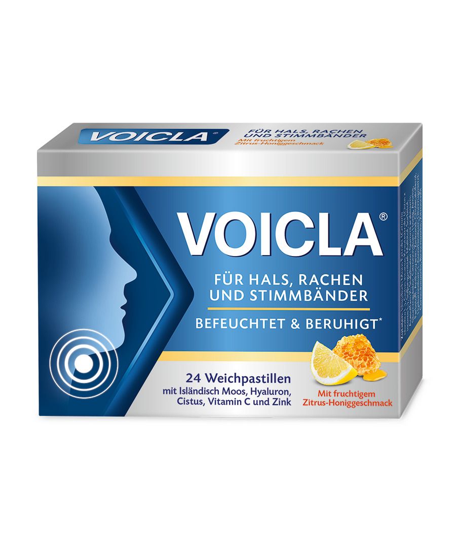 Schachtel mit Voicla Weichpastillen. Blaue und silberne Verpackung mit Produktnamen und Illustration. Zitrus-Honig-Geschmack.