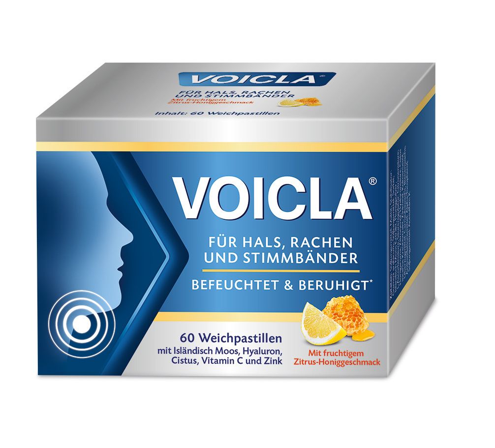 Graue Schachtel mit blauer Grafik und VOICLA-Logo. Text: Für Hals, Rachen und Stimmbänder. 60 Weichpastillen. Zitrone und Honig abgebildet.